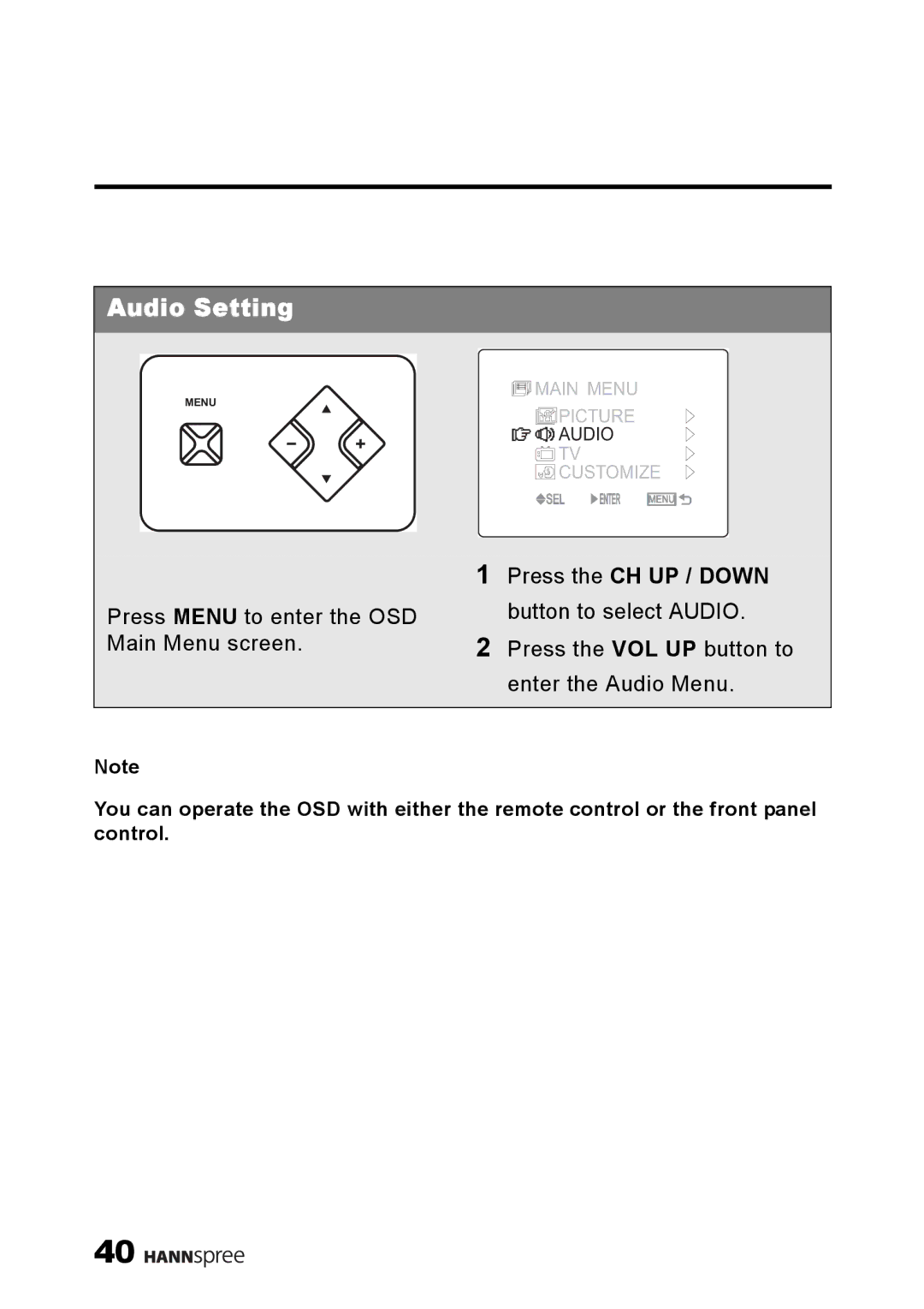 HANNspree ST34-15A1 user manual Audio Setting, Press the CH UP / Down button to select Audio 