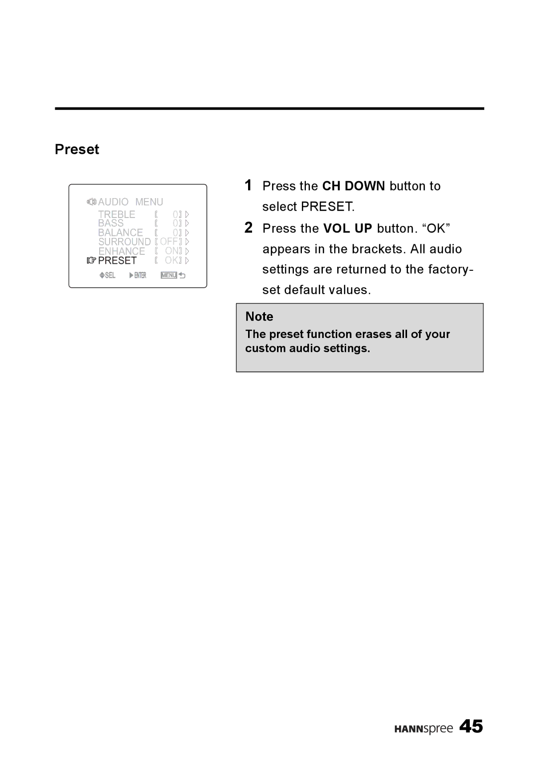 HANNspree ST34-15A1 user manual Preset function erases all of your custom audio settings 