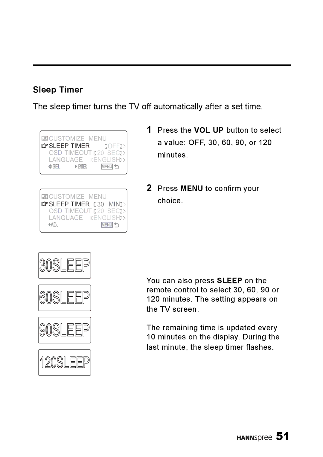 HANNspree ST34-15A1 user manual Sleep Timer, Sleep timer turns the TV off automatically after a set time 