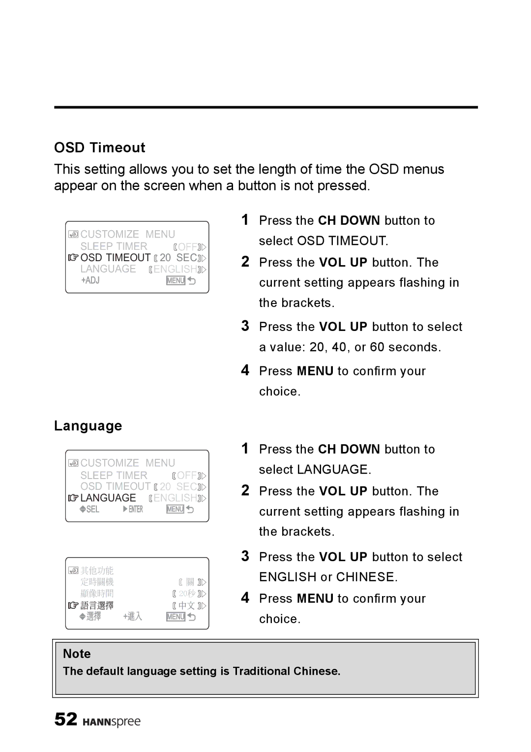 HANNspree ST34-15A1 user manual OSD Timeout, Language 