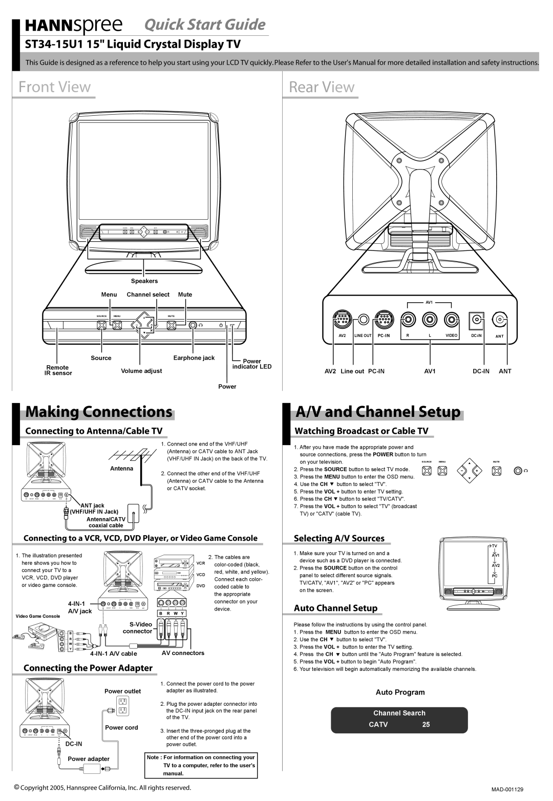 HANNspree ST34-15U1 quick start Making Connections, Channel Setup 