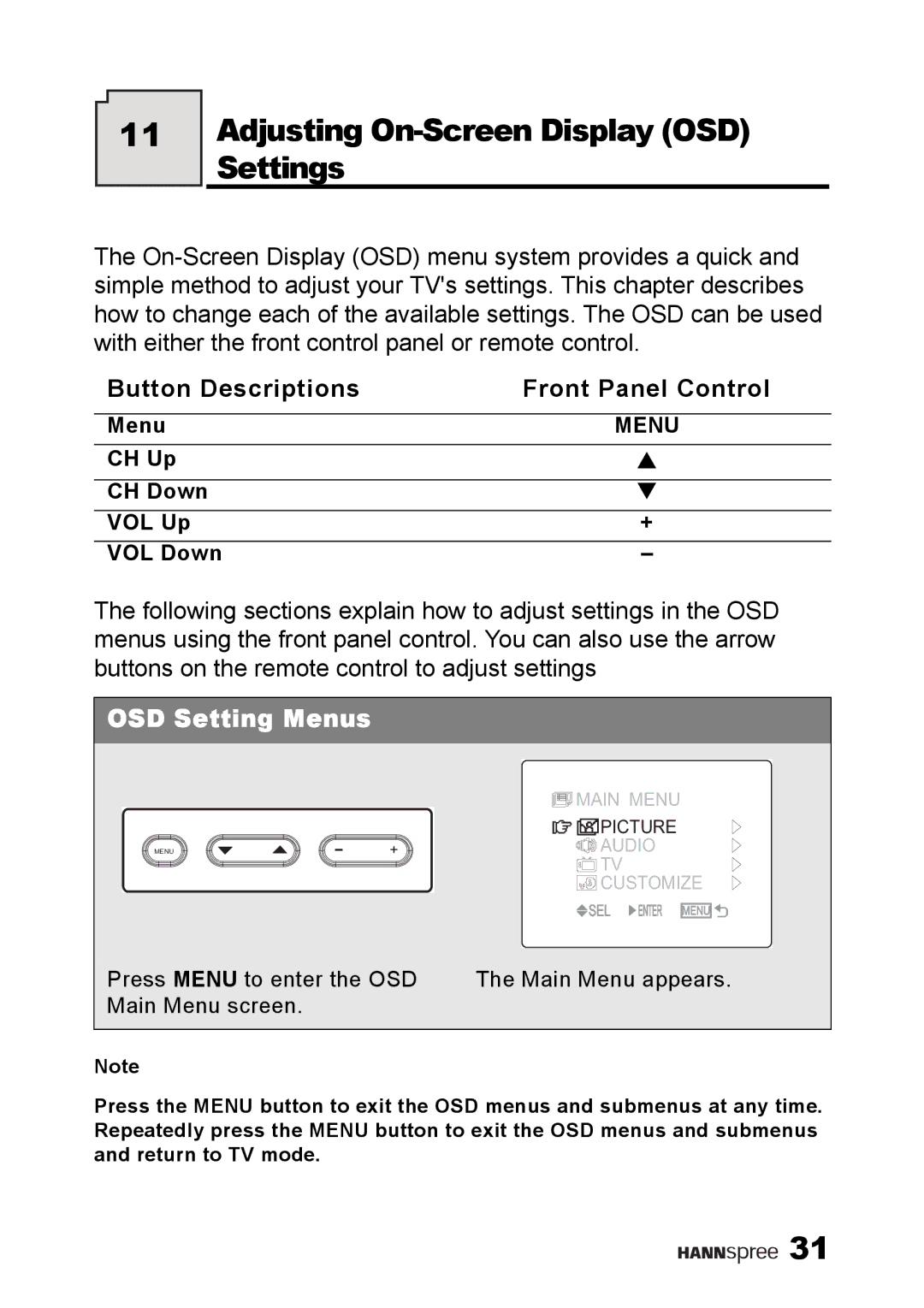 HANNspree ST38-15A1 user manual Adjusting On-Screen Display OSD Settings, Button Descriptions Front Panel Control 