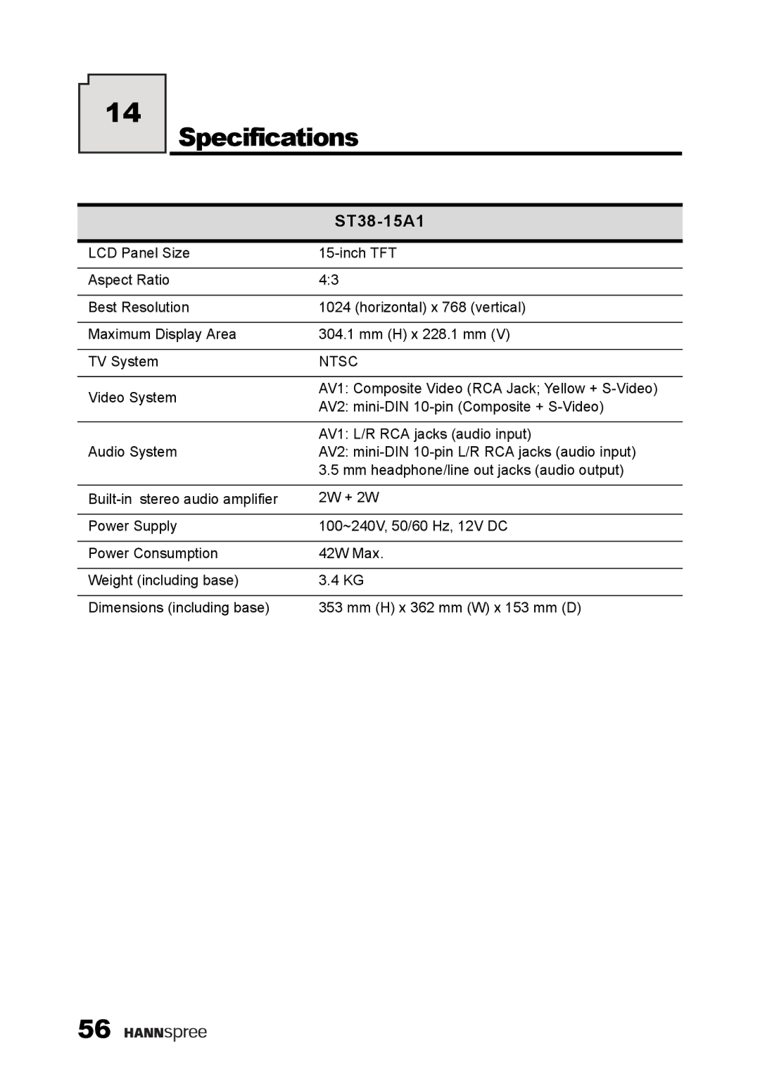 HANNspree ST38-15A1 user manual Specifications 