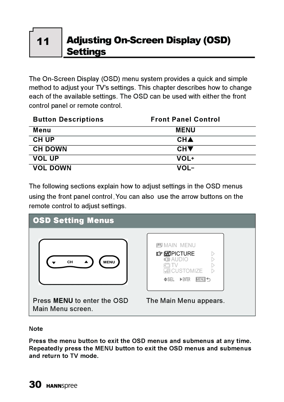 HANNspree ST40-12A1 manual Adjusting On-Screen Display OSD Settings, Button Descriptions Front Panel Control Menu 