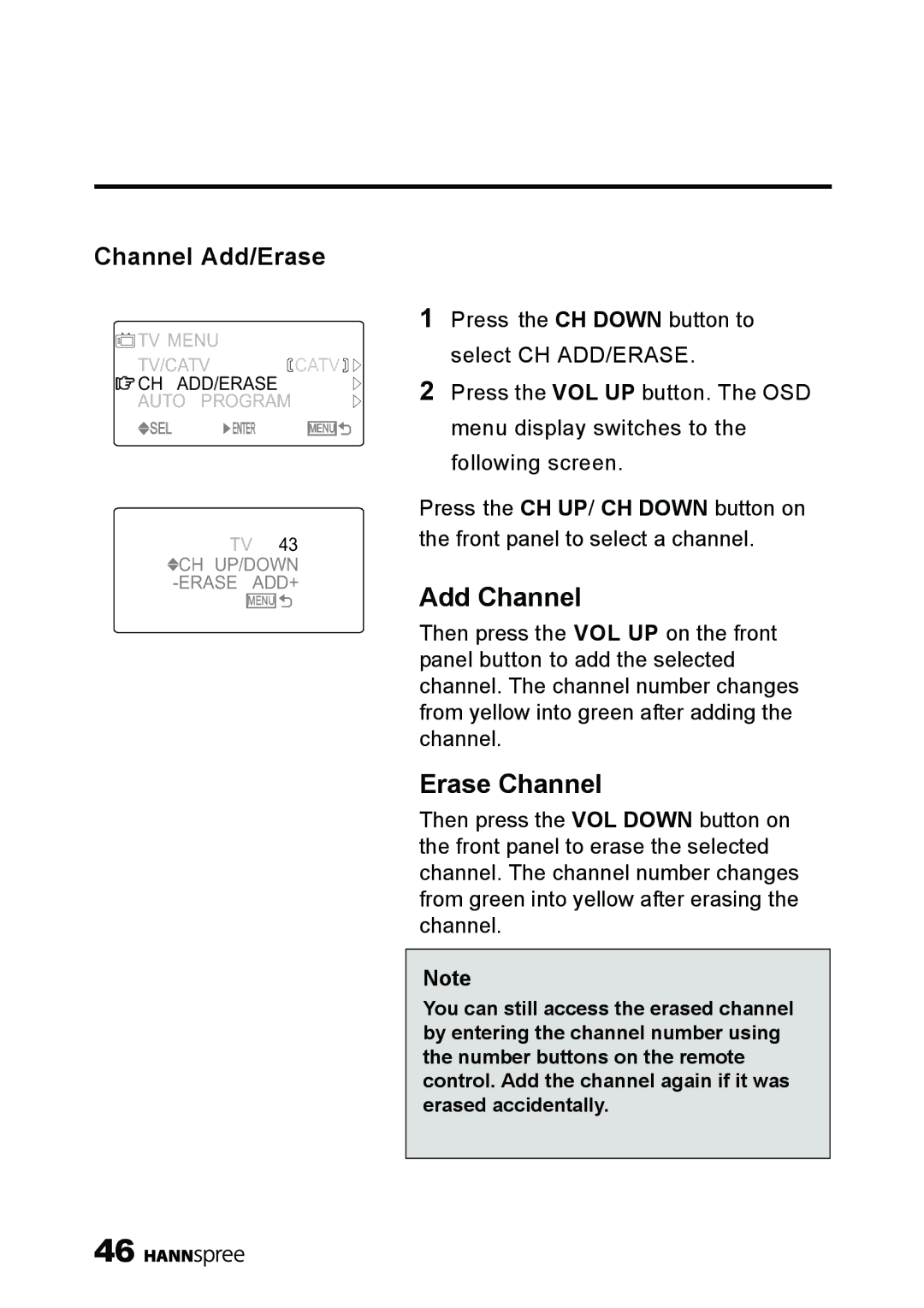 HANNspree ST40-12A1 manual Add Channel, Channel Add/Erase 