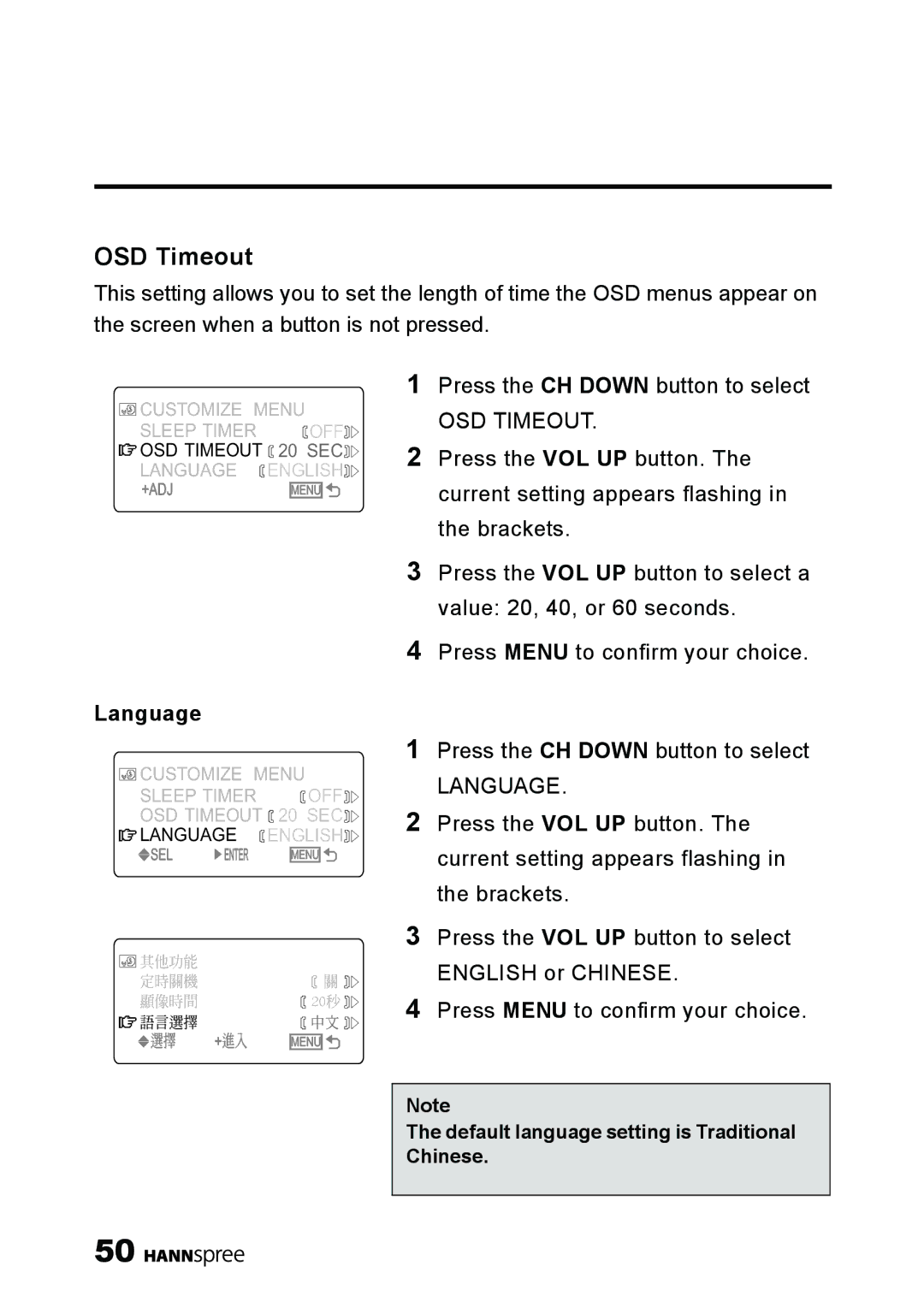 HANNspree ST40-12A1 manual OSD Timeout, Language 