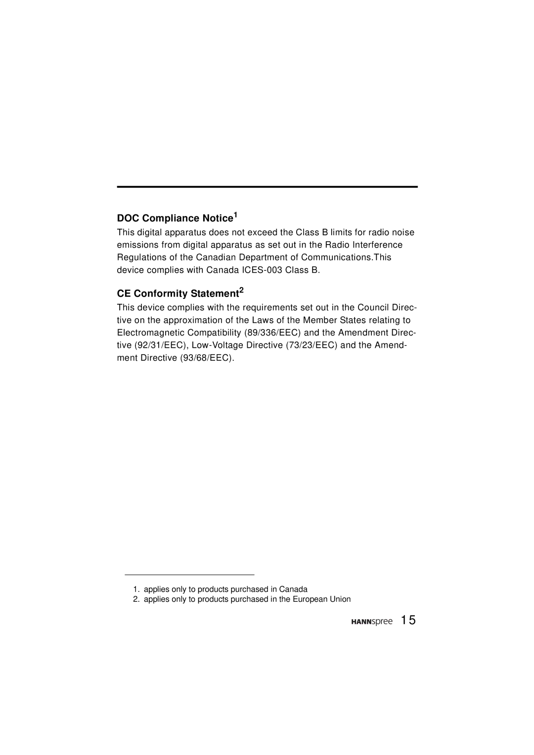 HANNspree ST43-15A1 manual DOC Compliance Notice1, CE Conformity Statement2 