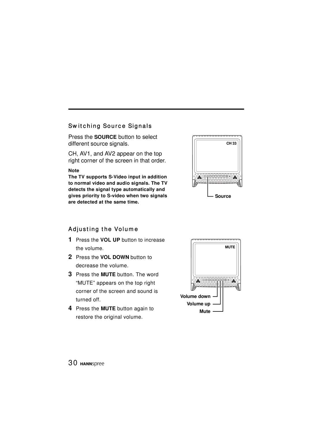 HANNspree ST43-15A1 manual Switching Source Signals, Adjusting the Volume 