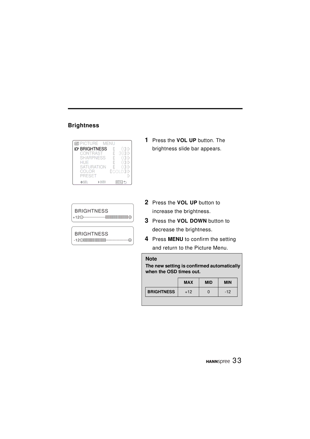 HANNspree ST43-15A1 manual Brightness slide bar appears 