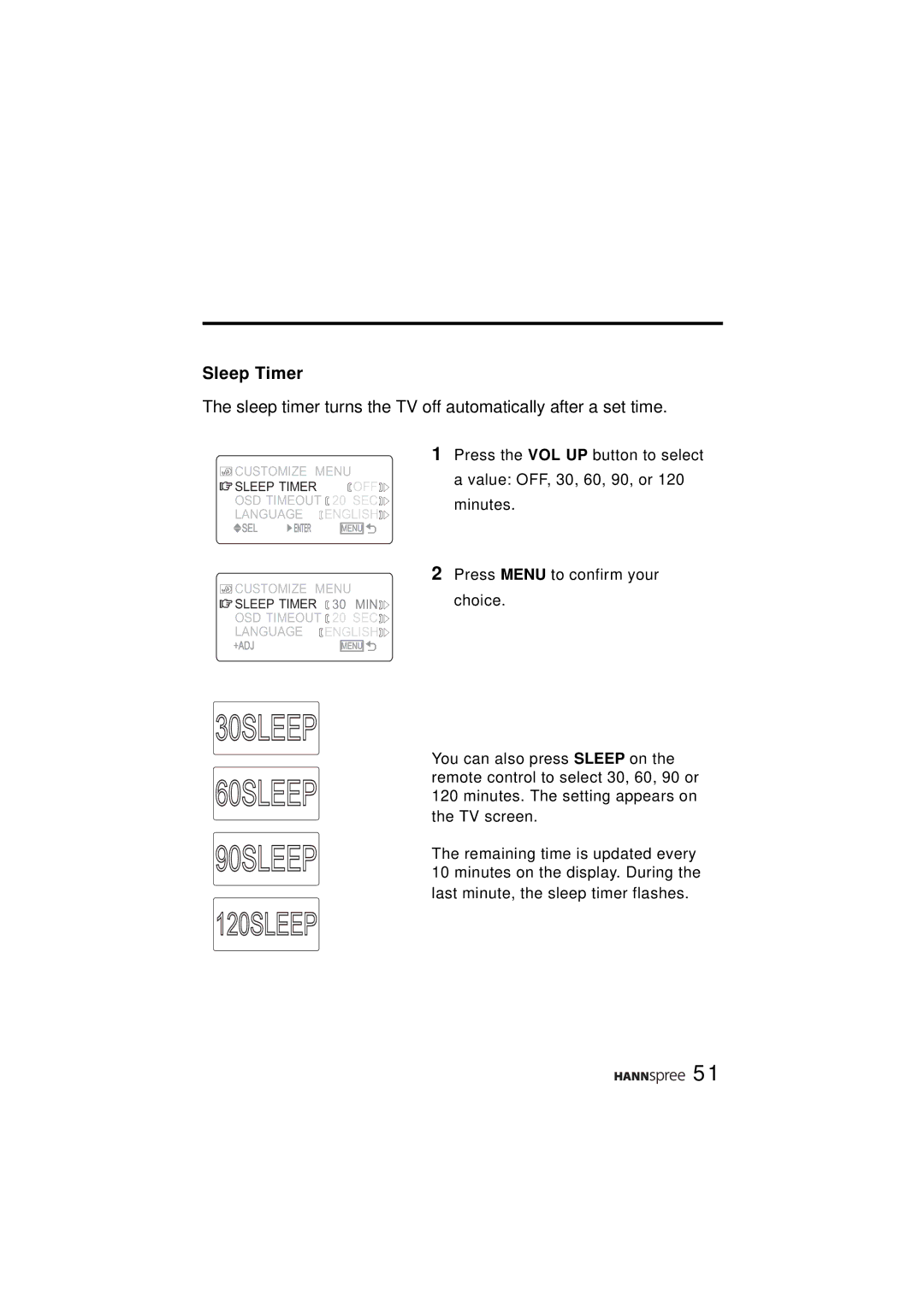 HANNspree ST43-15A1 manual Sleep Timer, Sleep timer turns the TV off automatically after a set time 