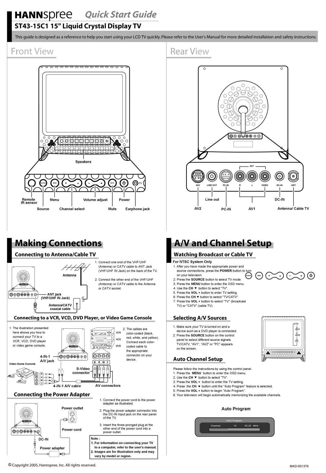 HANNspree ST43-15C1 quick start Connecting to Antenna/Cable TV, Watching Broadcast or Cable TV, Selecting A/V Sources 