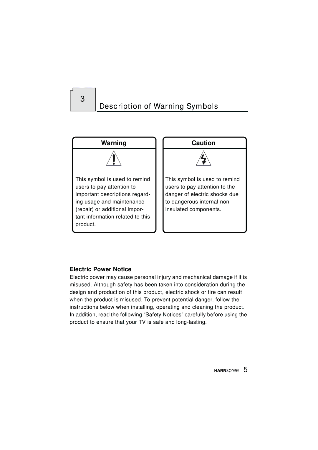 HANNspree ST48-12A1 user manual Description of Warning Symbols, Electric Power Notice 