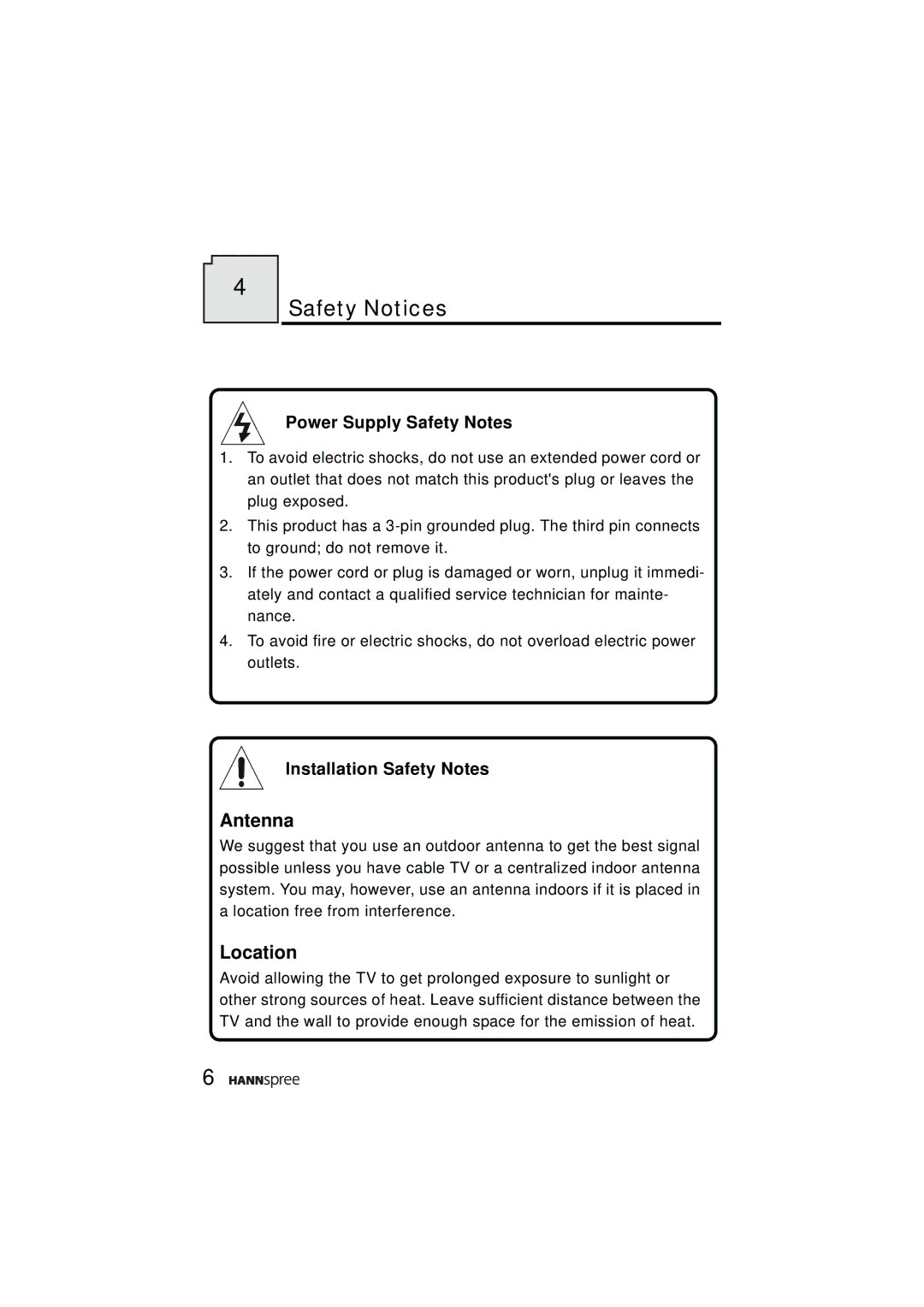 HANNspree ST48-12A1 user manual Safety Notices, Power Supply Safety Notes, Installation Safety Notes 