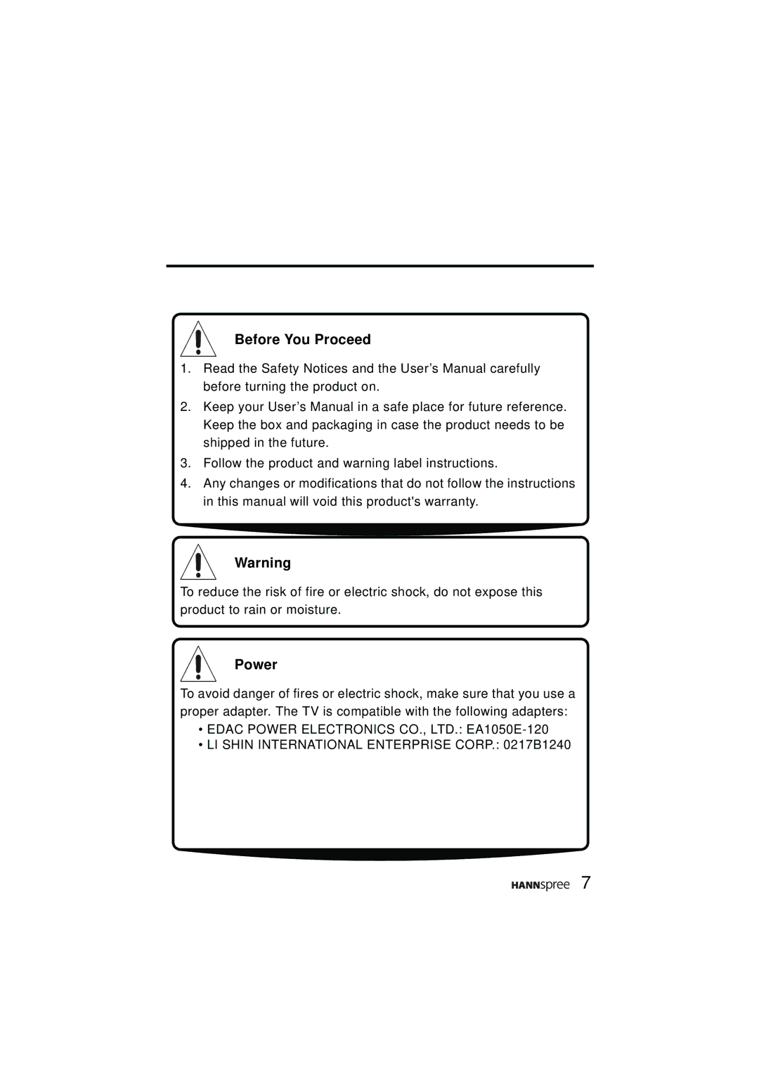 HANNspree ST48-12A1 user manual Before You Proceed, Power, LI Shin International Enterprise Corp B1240 