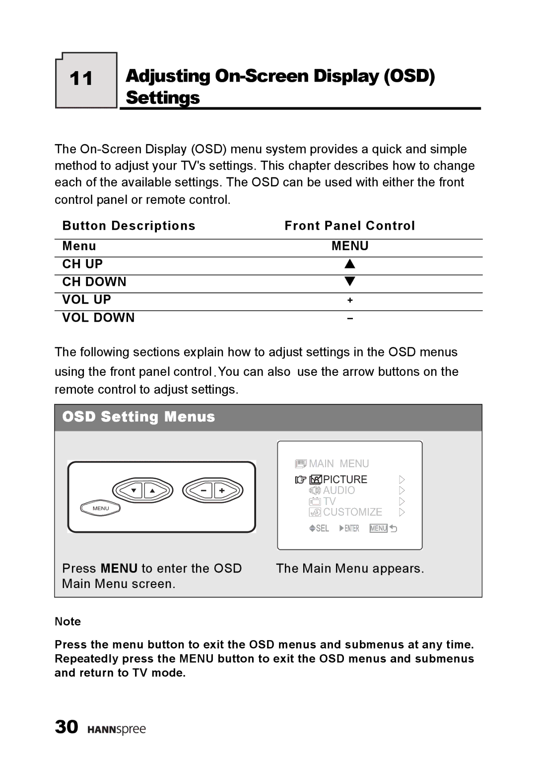 HANNspree ST49-10A1 manual Adjusting On-Screen Display OSD Settings, Button Descriptions Front Panel Control Menu 