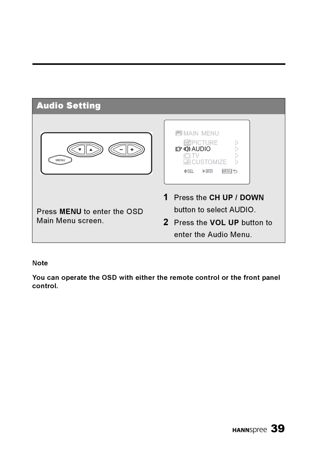 HANNspree ST49-10A1 manual Audio Setting, Press the CH UP / Down button to select Audio 