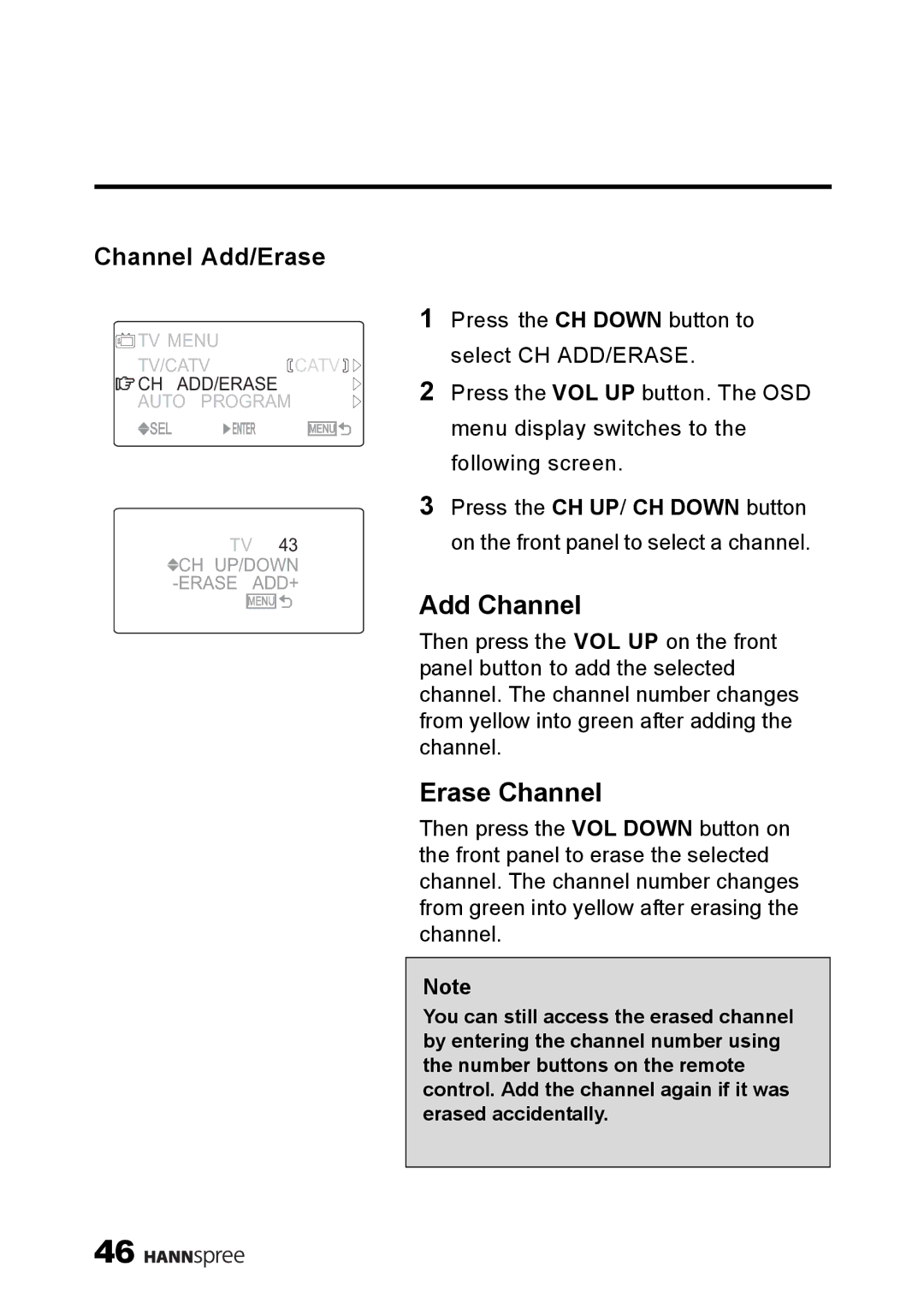 HANNspree ST49-10A1 manual Add Channel, Channel Add/Erase 