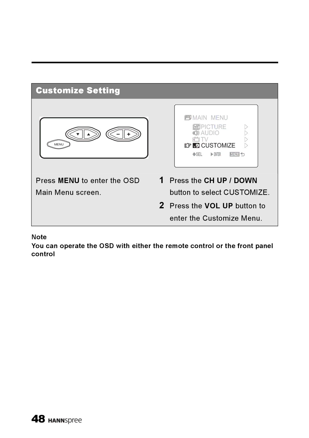 HANNspree ST49-10A1 manual Customize Setting, Press the CH UP / Down button to select Customize 