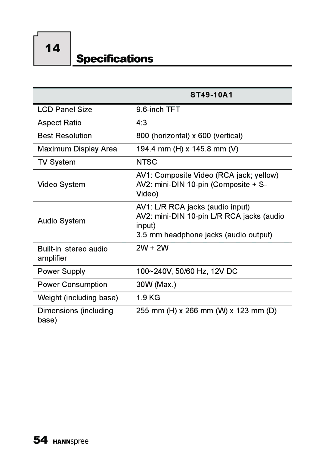 HANNspree ST49-10A1 manual Specifications, Ntsc 