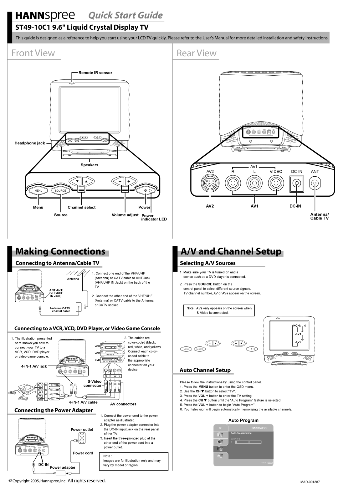 HANNspree ST49-10C1 quick start Making Connections, Channel Setup, Connecting to Antenna/Cable TV, Selecting A/V Sources 