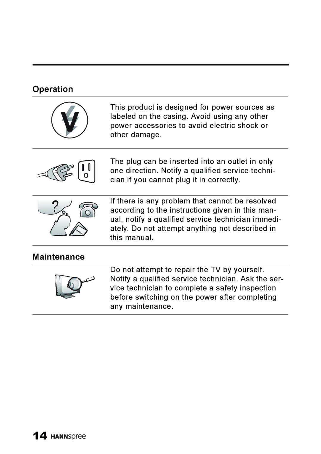 HANNspree ST59-23A1 user manual Operation, Maintenance 