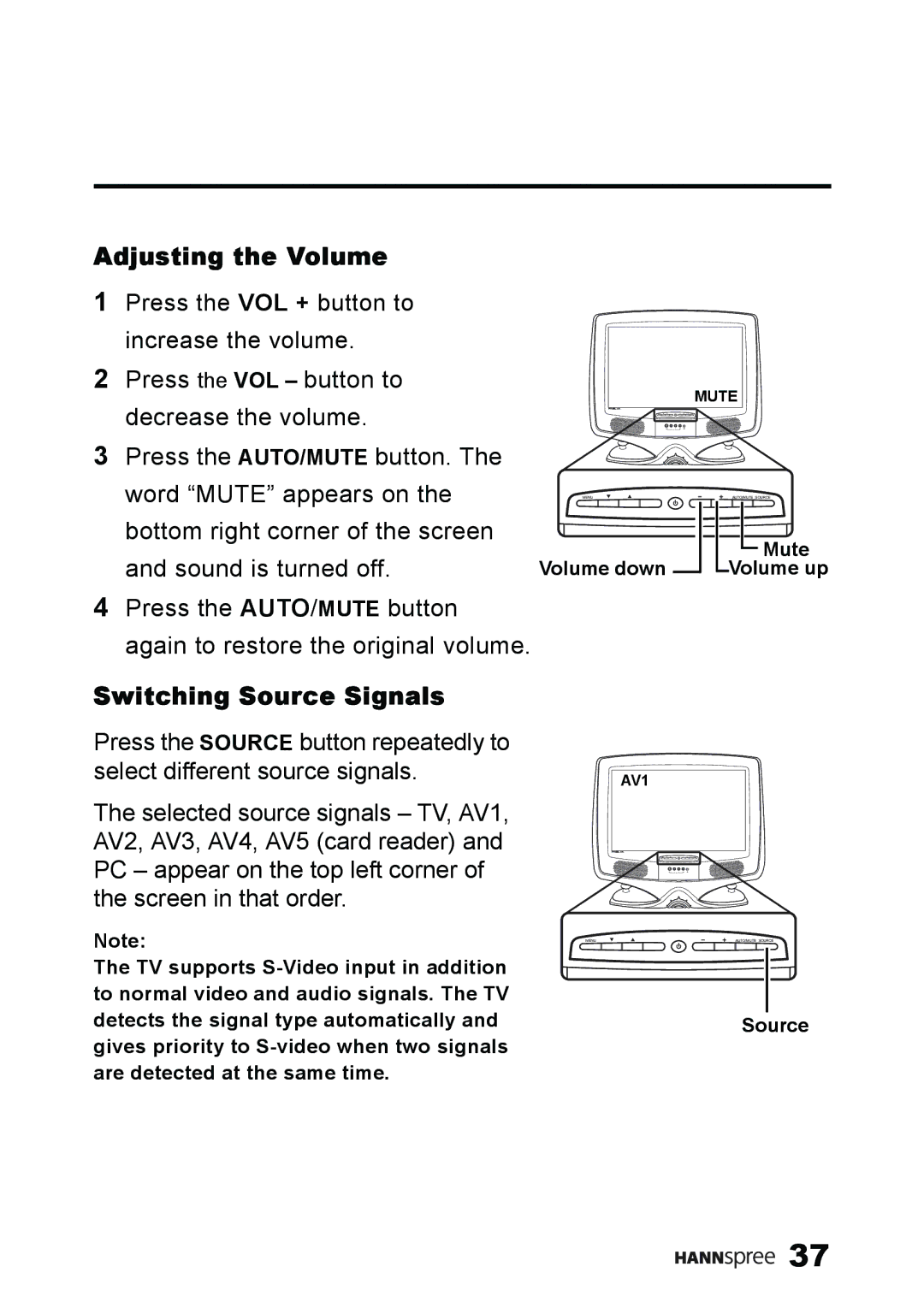 HANNspree ST59-23A1 user manual Adjusting the Volume, Switching Source Signals 