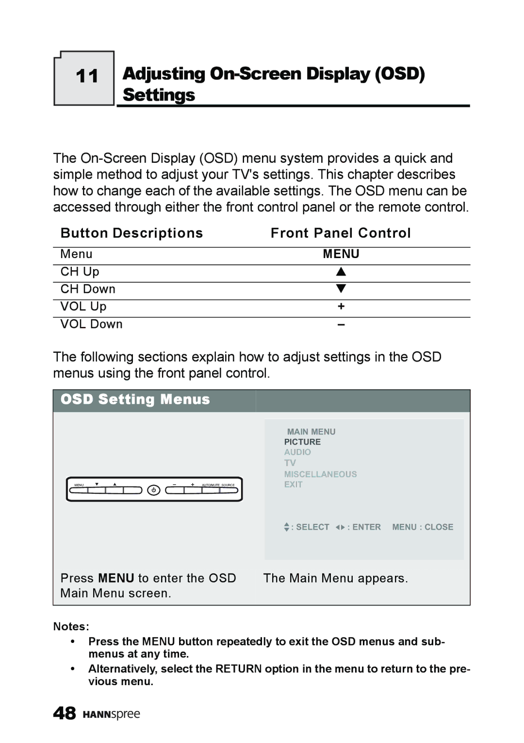 HANNspree ST59-23A1 user manual Adjusting On-Screen Display OSD Settings, Button Descriptions Front Panel Control 