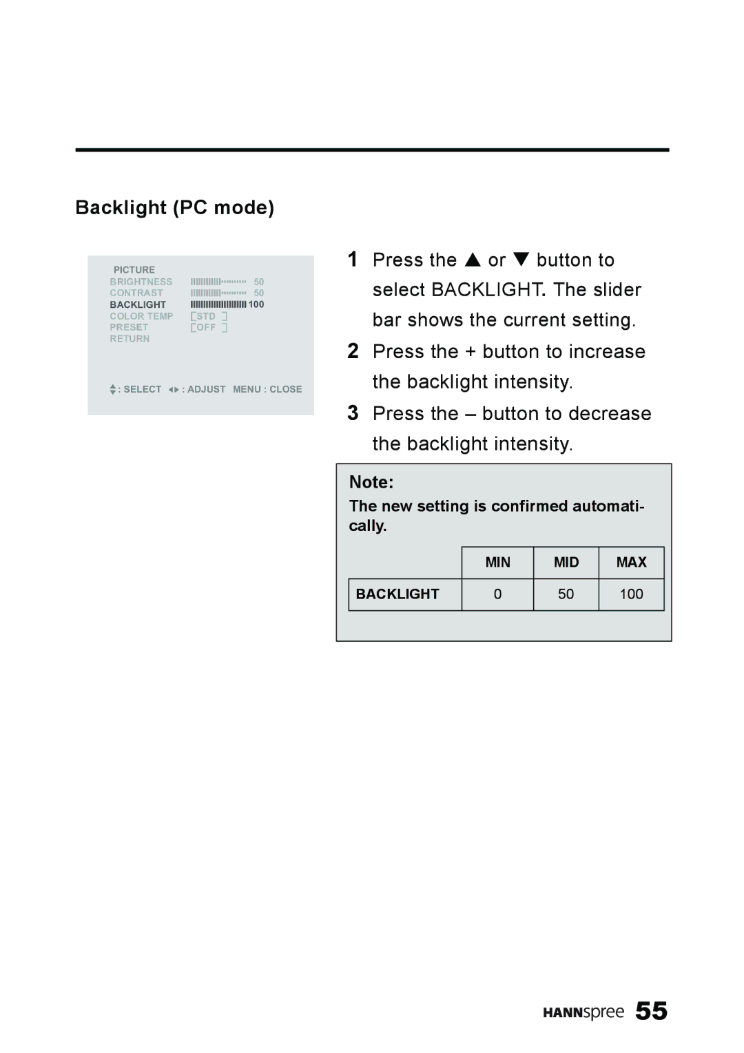 HANNspree ST59-23A1 user manual Backlight PC mode 