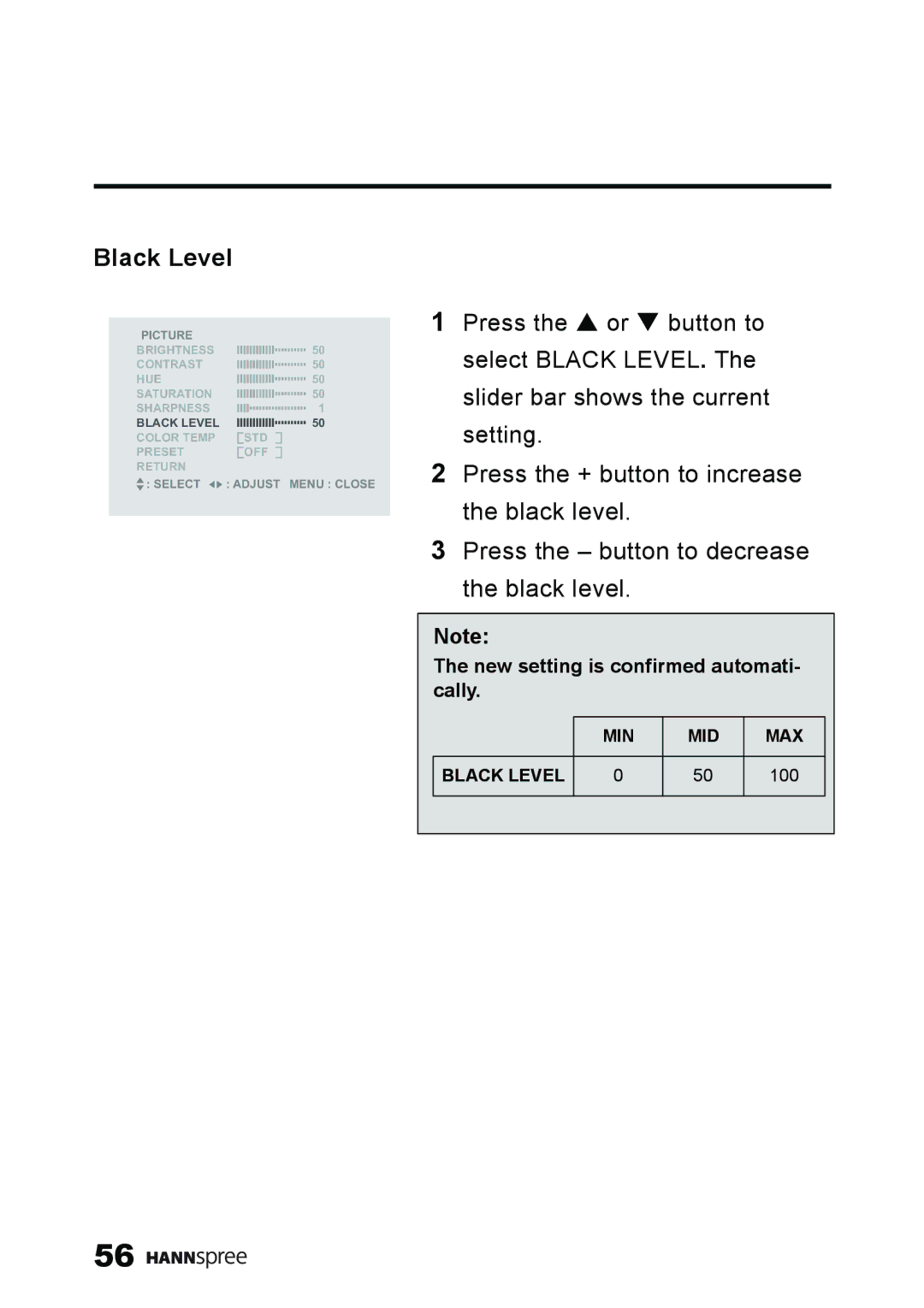 HANNspree ST59-23A1 user manual Black Level 