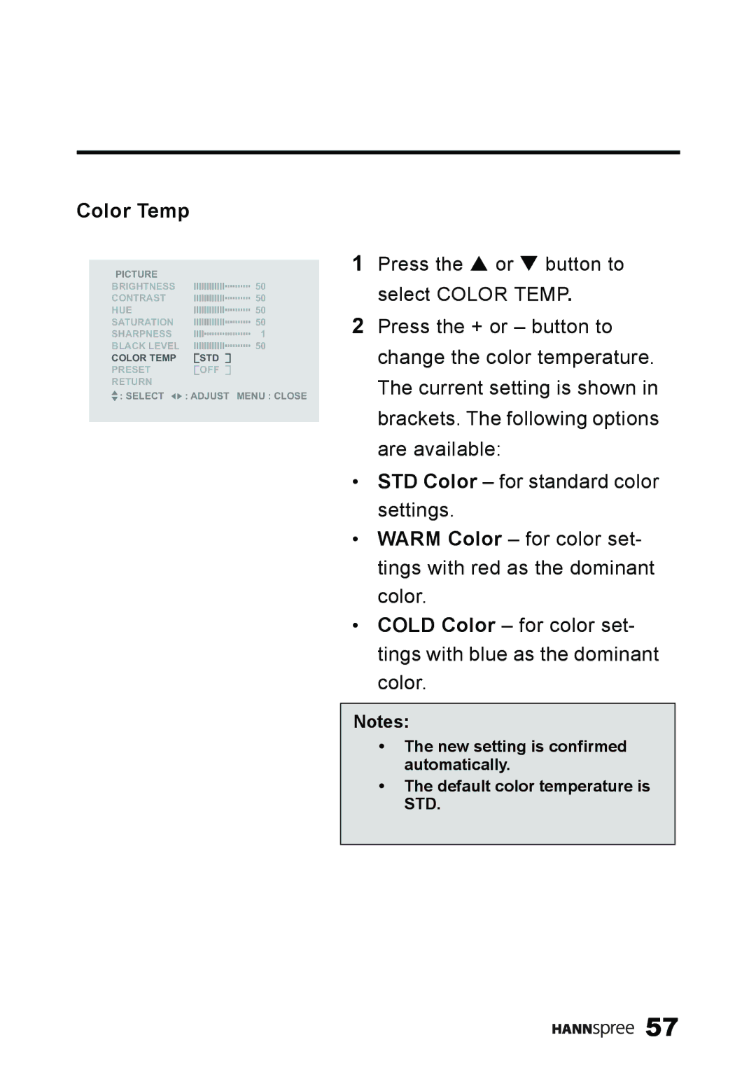 HANNspree ST59-23A1 user manual Color Temp 