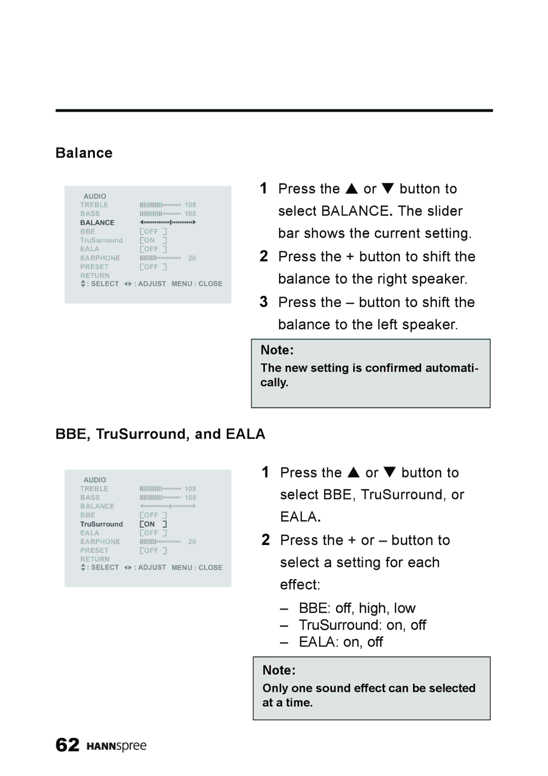 HANNspree ST59-23A1 user manual Balance, BBE, TruSurround, and Eala 