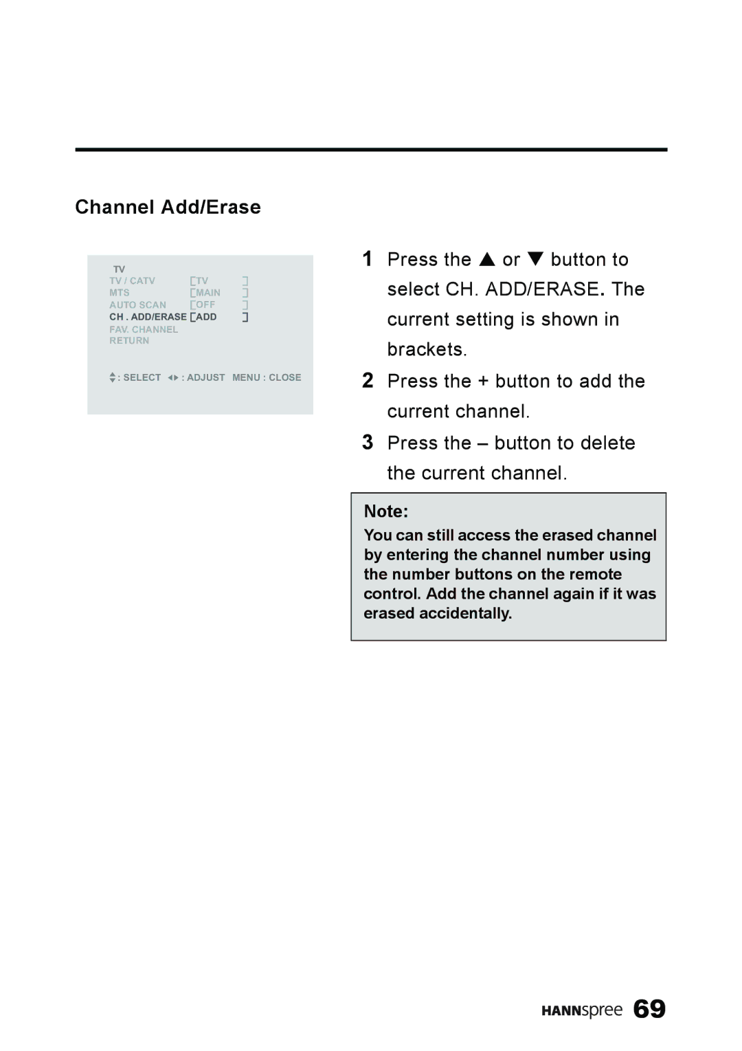 HANNspree ST59-23A1 user manual Channel Add/Erase 