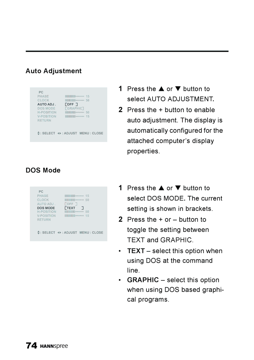 HANNspree ST59-23A1 user manual Auto Adjustment, DOS Mode 