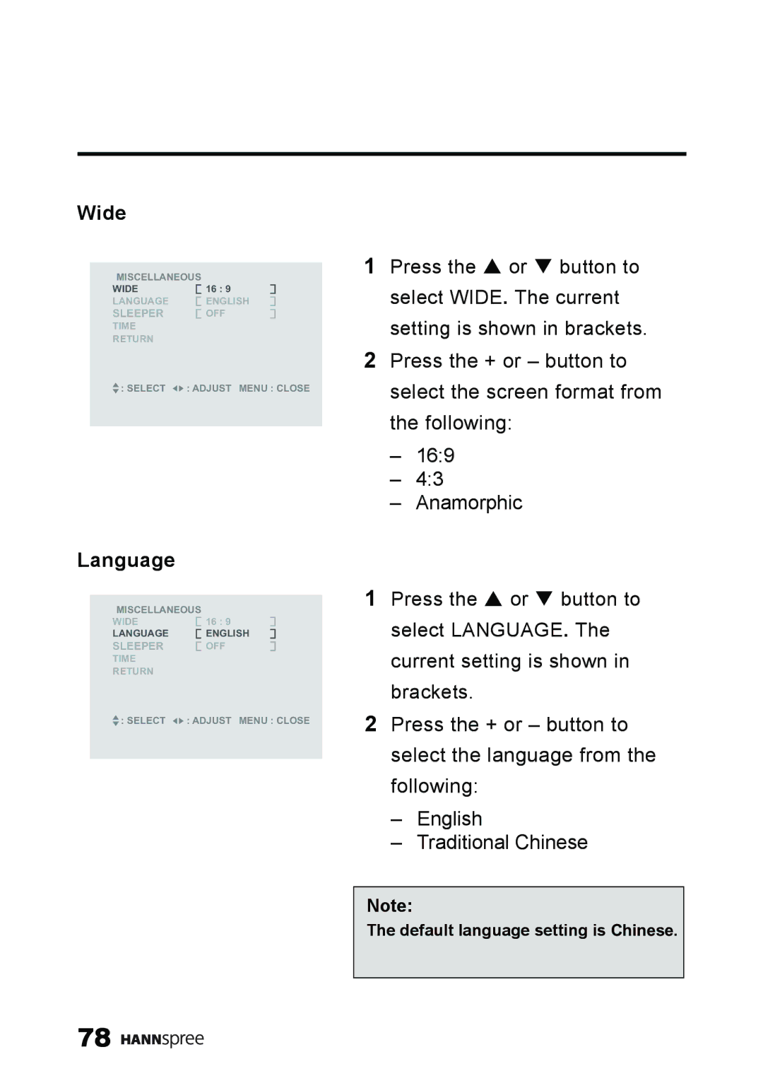 HANNspree ST59-23A1 user manual Wide, Language 