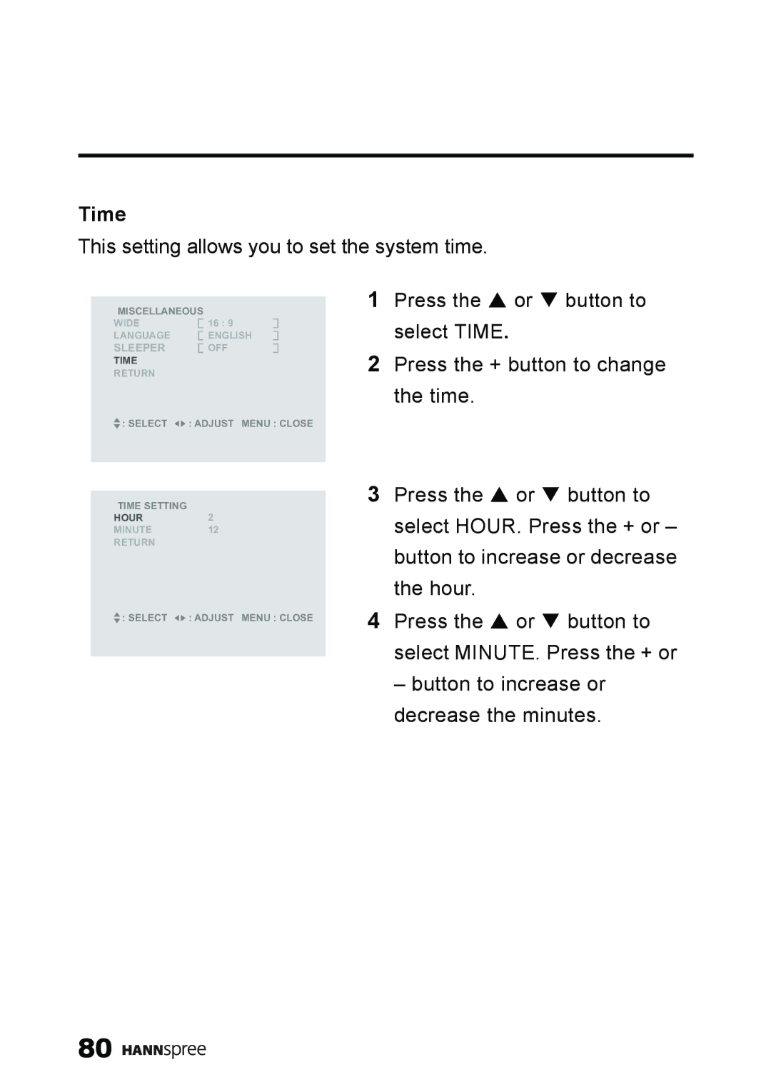 HANNspree ST59-23A1 user manual Time, This setting allows you to set the system time 