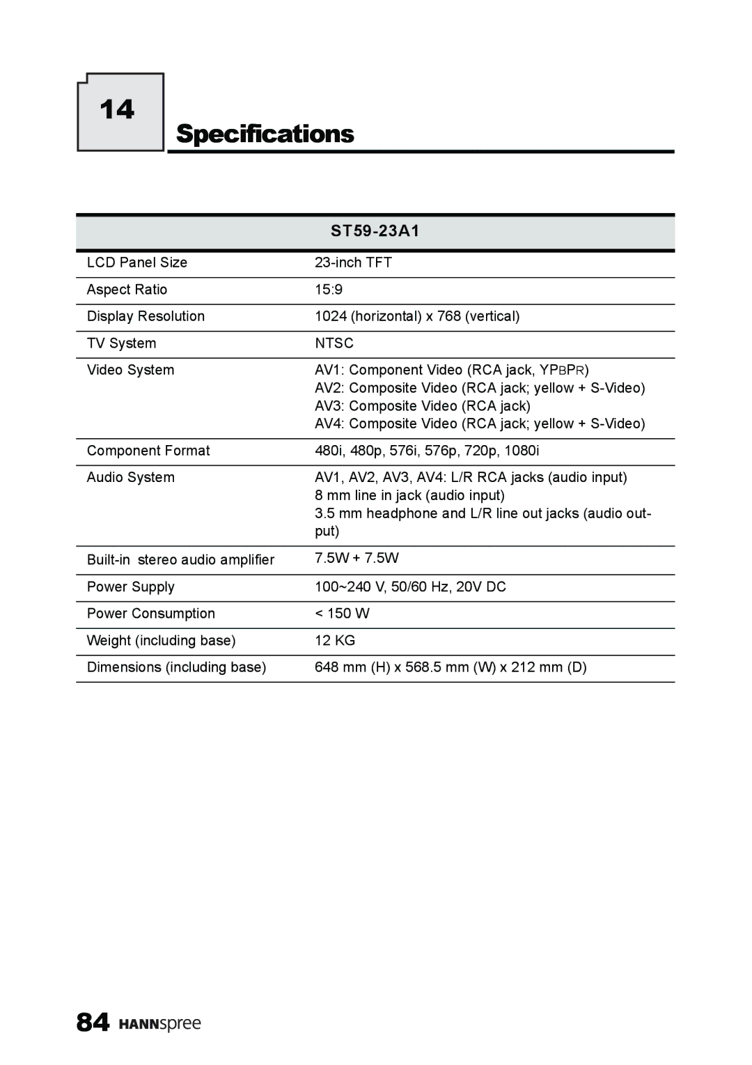 HANNspree ST59-23A1 user manual Specifications 