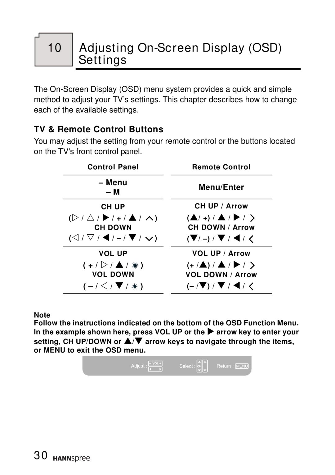 HANNspree T124, T094 user manual Adjusting On-Screen Display OSD Settings, TV & Remote Control Buttons, Menu/Enter 