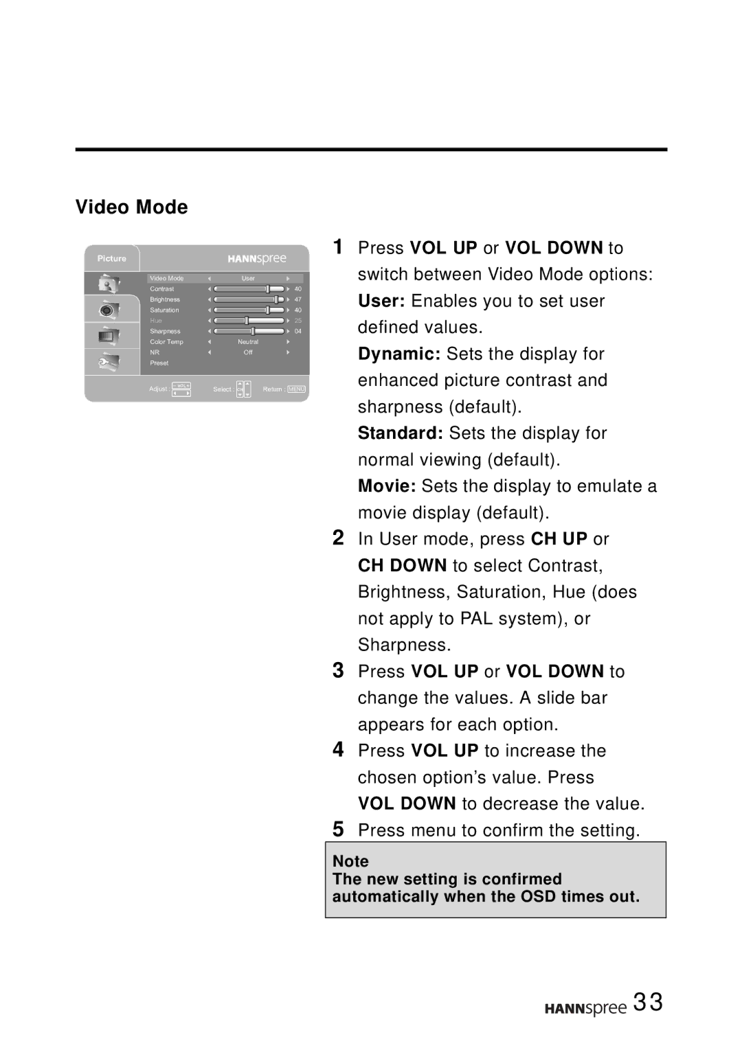 HANNspree T094, T124 user manual Video Mode, Picture 