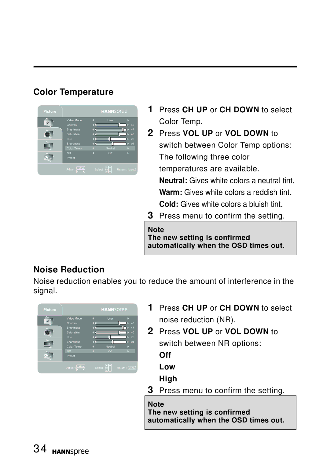 HANNspree T124, T094 user manual Color Temperature, Noise Reduction 