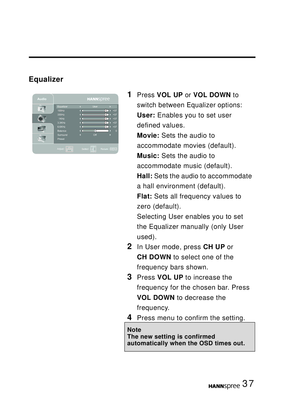 HANNspree T094, T124 user manual Equalizer, Audio 