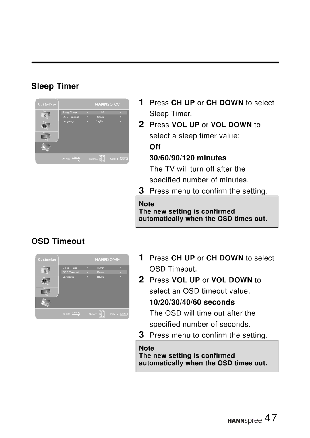 HANNspree T094, T124 user manual Sleep Timer, OSD Timeout 