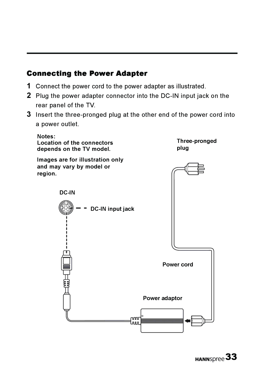 HANNspree T232 user manual Connecting the Power Adapter 