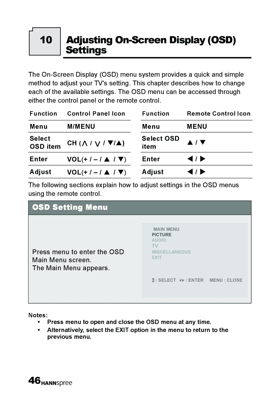 HANNspree T232 user manual Adjusting On-Screen Display OSD Settings, Select OSD Enter Adjust 