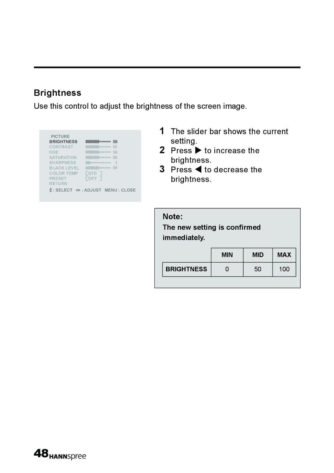 HANNspree T232 user manual Brightness 