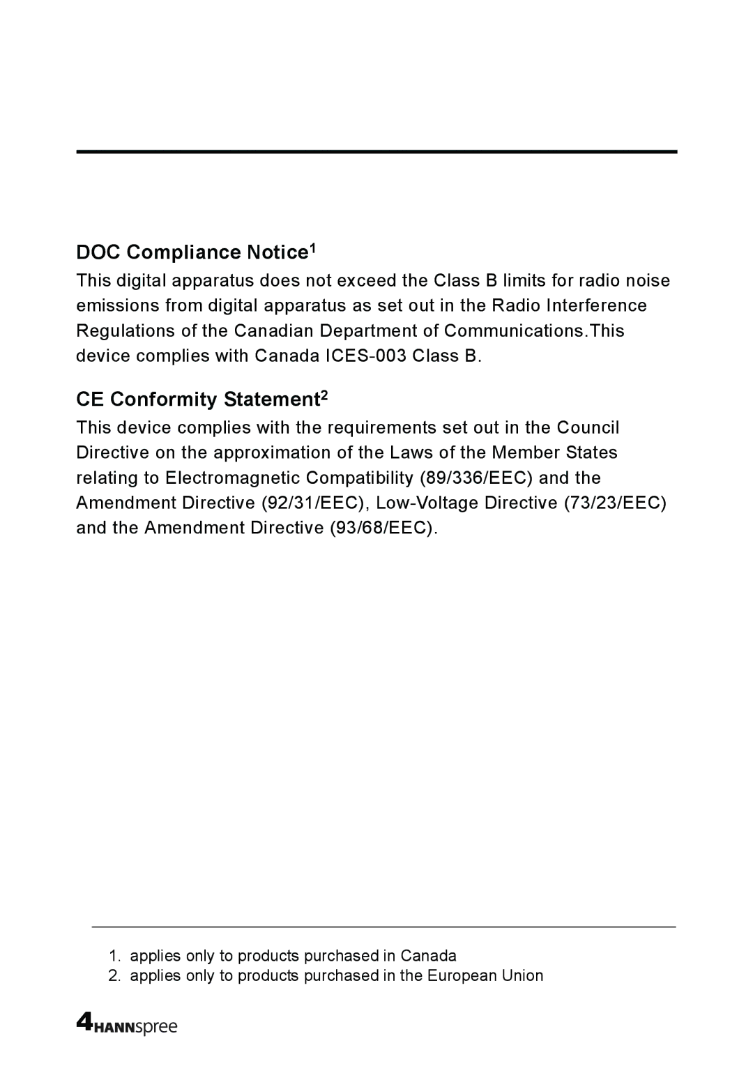 HANNspree T232 user manual DOC Compliance Notice1, CE Conformity Statement2 