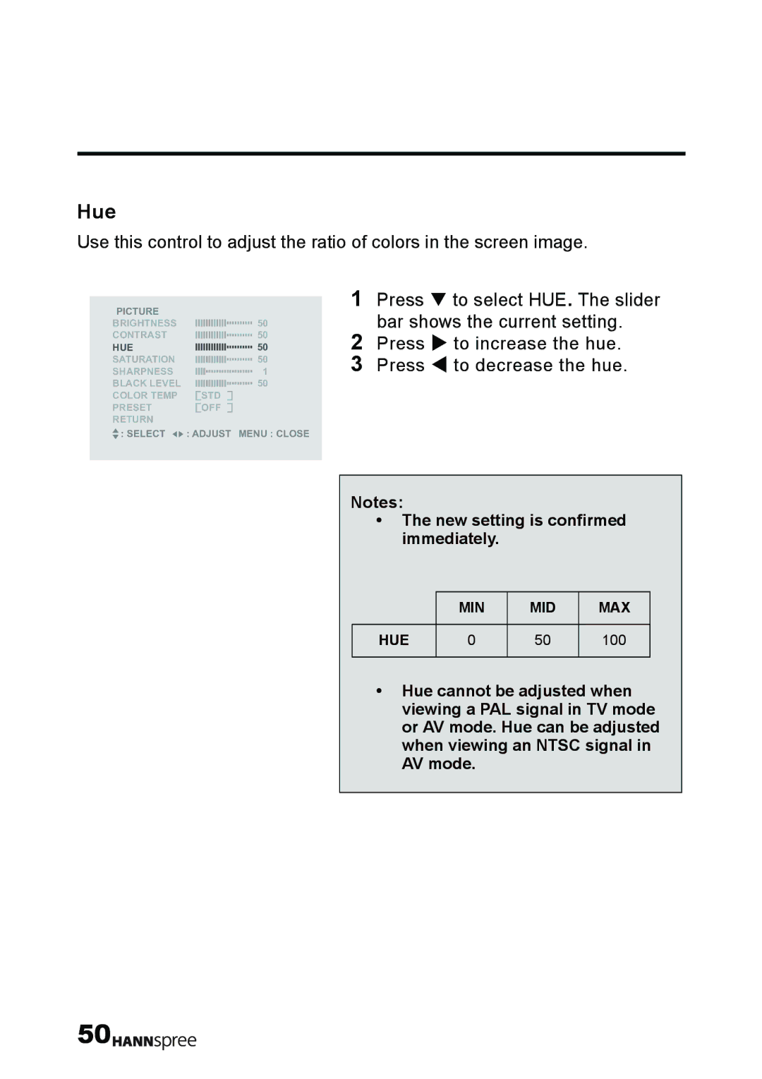 HANNspree T232 user manual Hue 