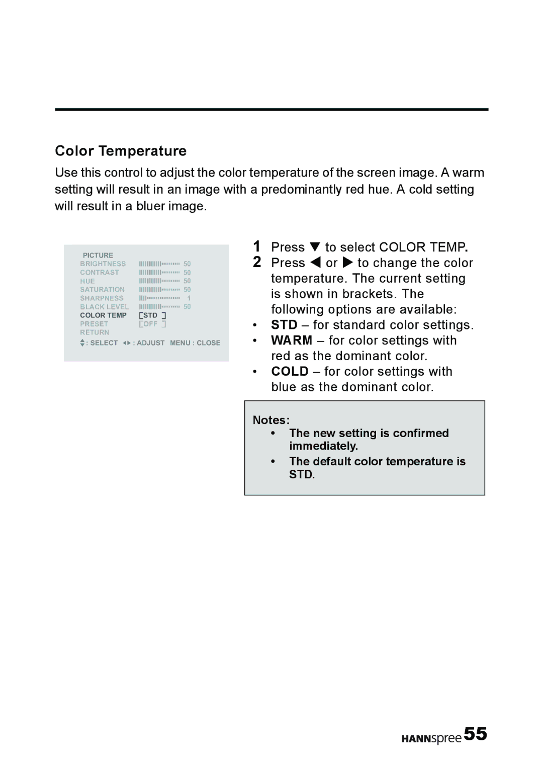 HANNspree T232 user manual Color Temperature 