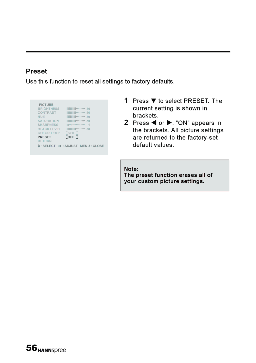 HANNspree T232 user manual Preset, Use this function to reset all settings to factory defaults 