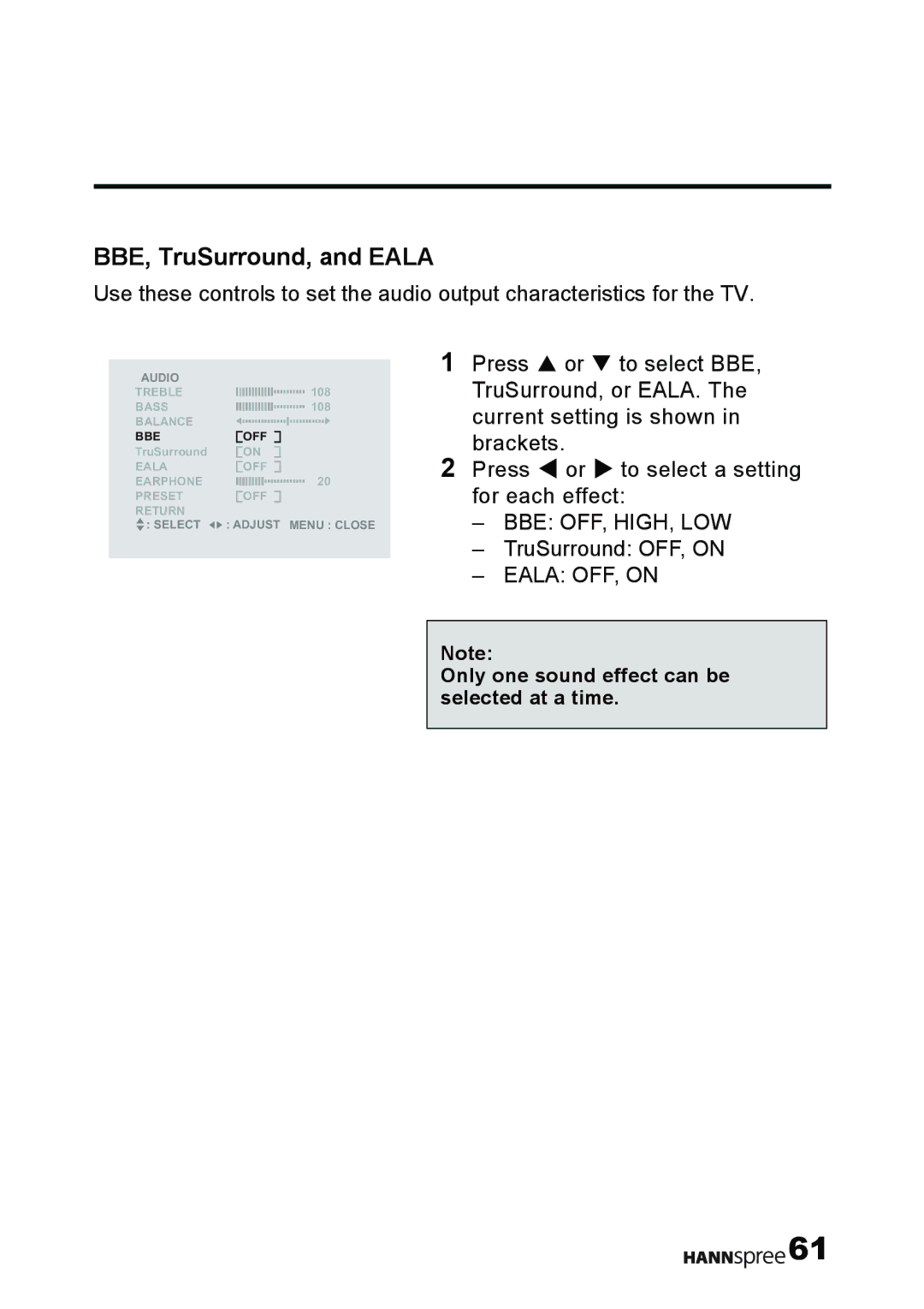 HANNspree T232 user manual BBE, TruSurround, and Eala 