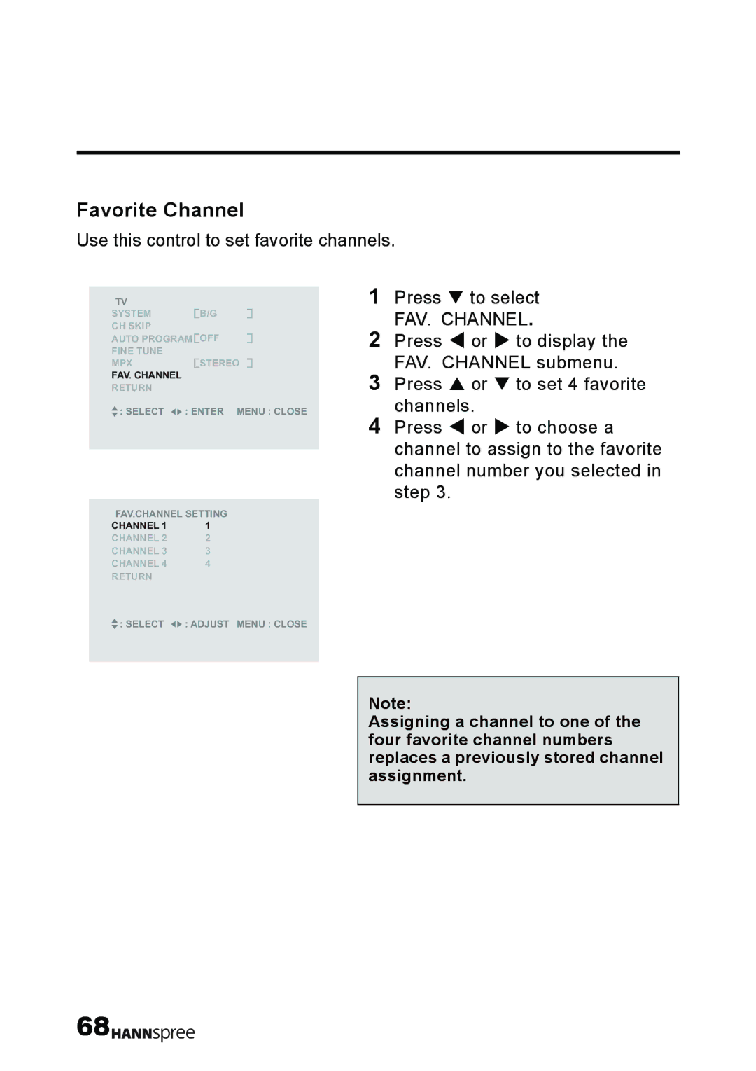 HANNspree T232 user manual Favorite Channel, Use this control to set favorite channels 